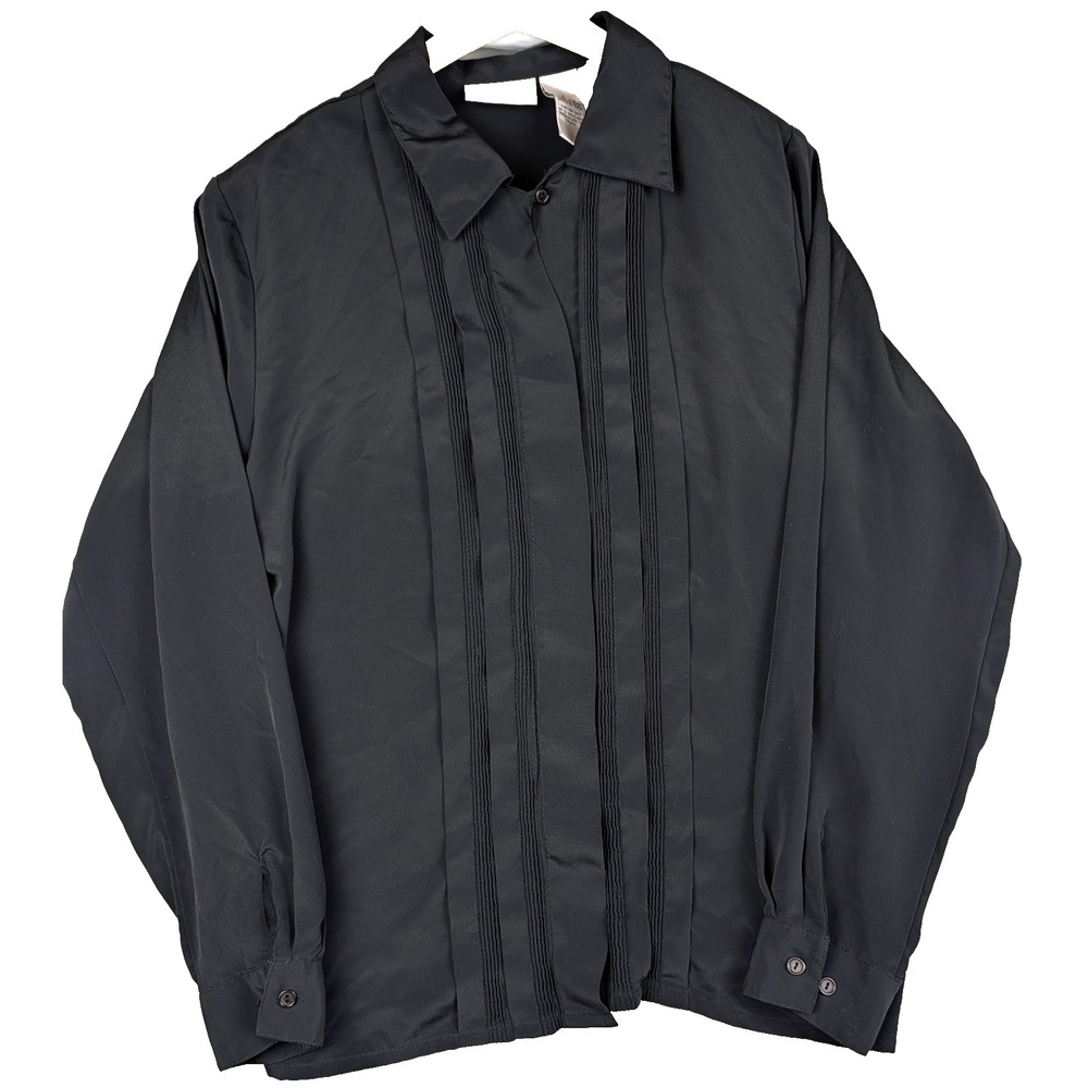 Christie & Jill Woman Sz 12 Black Button Up Pintuck Pleated Long Sleeve Blouse